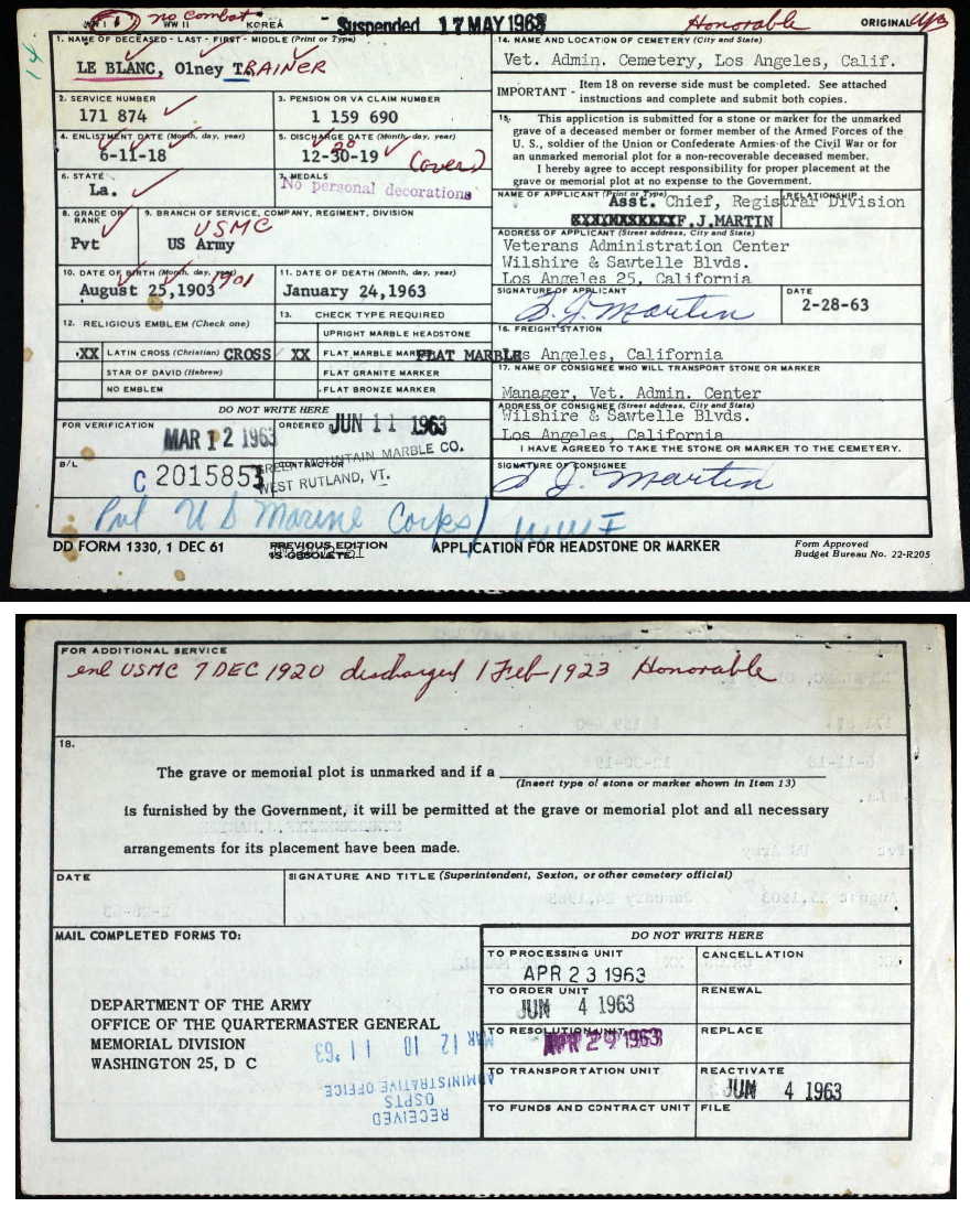 Application for Headstone - Olney Trainer LeBlanc