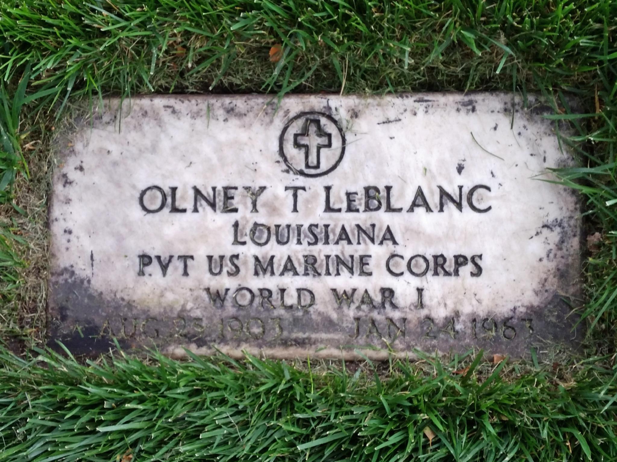 Grave Stone for Olney Trainer LeBlanc US Marine Corps WW1